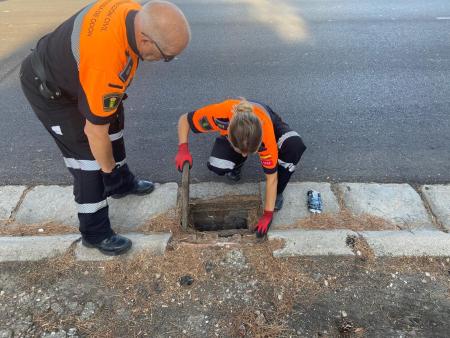 Voluntarios de Protección Civil Villaviciosa de Odón revisan los imbornales donde se suelen acumular balsas de agua con las lluvias fuertes