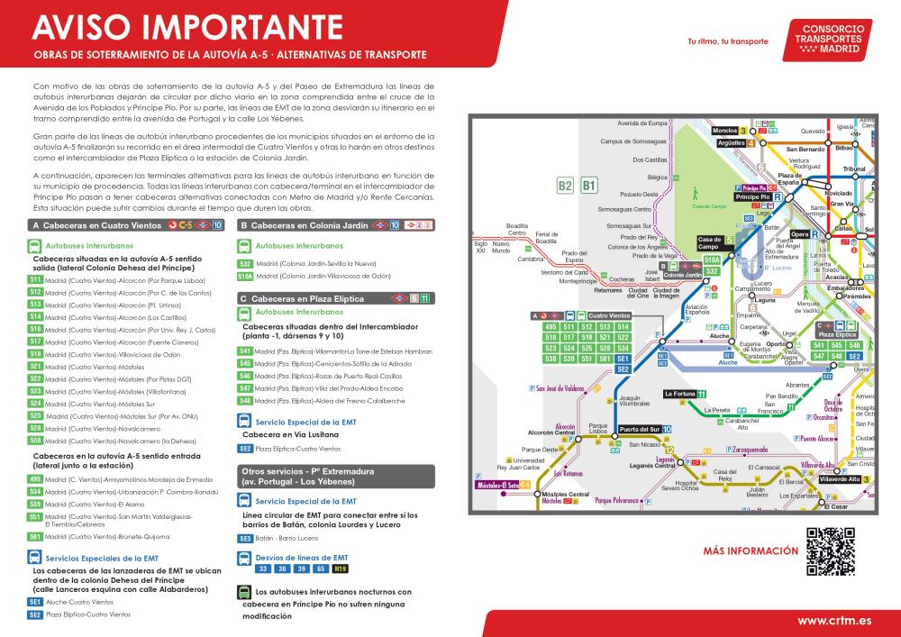 Información sobre las modificaciones de itinerarios y horarios de las líneas de autobuses por las obras de soterramiento de la A-5